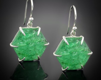 Flower Carving Emerald Earring, Natural Green Emerald Earring, 925 Sterling Silver Earring, Beautiful Fancy Shape Emerald Earring For Women