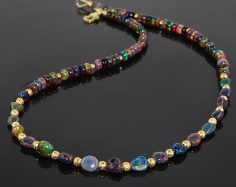 AAA Natural black fire opal beaded and tumble necklace for women, black fire opal Handmade necklace, October birthstone, Women Necklace