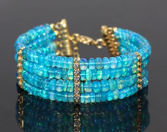 Paraiba Opal Beaded Bracelet for Women, Handmade 4 Strand Bracelet, Minimalist Gold Jewelry, Wedding Gift, Anniversary Jewelry