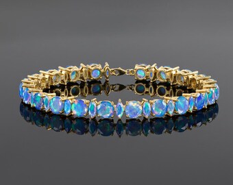 Blue Multifire Opal Round Gemstone Tennis Bracelet, Genuine Opal Gemstone Sterling Silver Bracelet, October Birthstone Bracelet Gift for Her