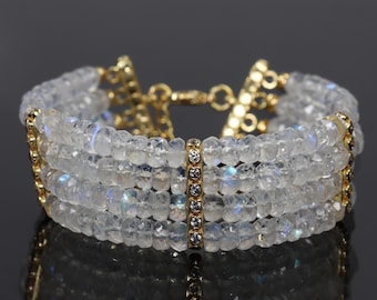 Moonstone Beaded Bracelet for Women, 4 Line Strand Gold Jewelry, Minimalist Bracelet, Handmade Jewelry, Anniversary Gift for Wife