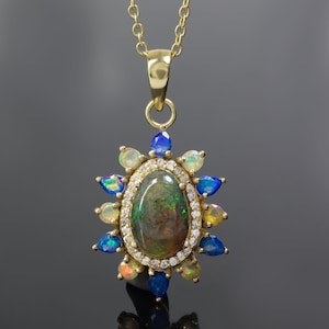 Multifire Black Opal Gemstone Charm Pendant for Her, Ethiopian Fire Opal Handmade Jewelry, October Birthston, Birthday Present, Gift for Her