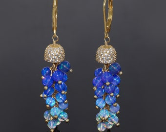 Natural Blue fire opal Cluster earrings for women, AAA Ethiopian opal earrings, Dangle earrings, October birthstone, Blue opal Jewelry