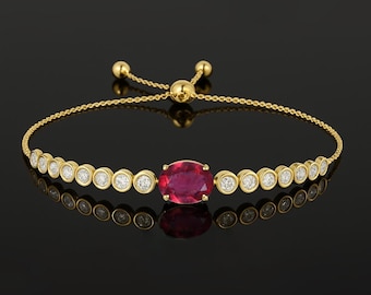 Natürliches Rubin Oval Edelstein Bolo Armband, echtes Rubin Edelstein Silber verstellbares Armband, Juli Birthstone Armband, Rubin Geschenk für Frauen