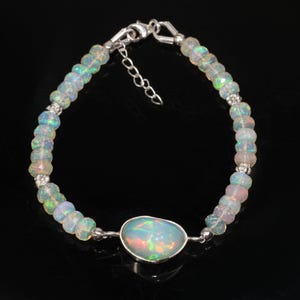 Ethiopian Fire Opal Faceted Beads Charm Bracelet, Natural Fancy Shape Multifire Opal Silver Charm Bracelet, October Birthstone, Gift for Mom