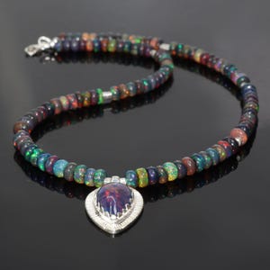Natural Black Pear Opal Gemstone Silver Charm Necklace, Ethiopian Black Opal Beads Necklace for Women, Handmade Necklace, Gift for Her
