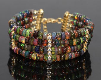 Black Opal Bracelet for Women, 4 Line Strand Beaded Bracelet, Sterling Silver Gemstone Jewelry, Handmade Anniversary Gift for Her