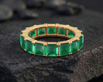 Emerald Asscher Cut Band Ring | May Birthstone Jewelry Gift for Her | 18K Gold Band Ring | Wedding Jewelry | Minimalist Jewelry