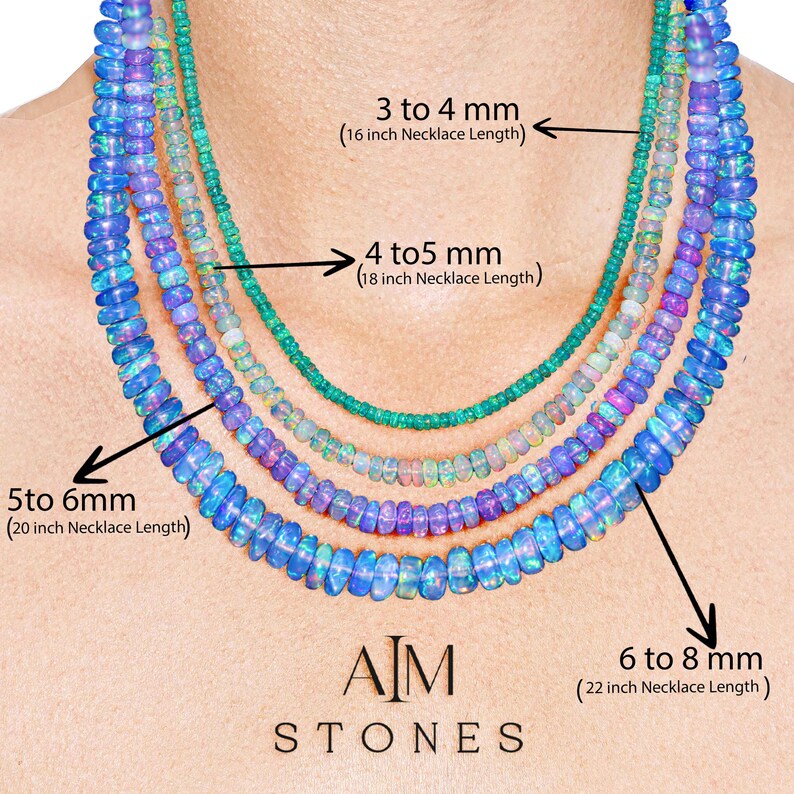 May include: Four strands of opal necklaces in different sizes, ranging from 3 to 8 mm. The necklaces are displayed on a model's neck, with each strand labeled with its corresponding size and length in inches. The text "AIM STONES" is displayed at the bottom of the image.