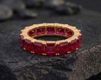 Ruby Asscher Cut Band Ring | July Birthstone Jewelry Gift for Her | 18K Gold Band Ring | Wedding Jewelry | Minimalist Jewelry