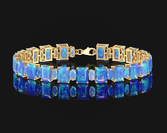 Blue Opal Octagon Gemstone Silver Tennis Bracelet, Genuine Opal Gemstone Silver Bracelet for Her, Birthstone Gift, Handmade Opal Bracelet