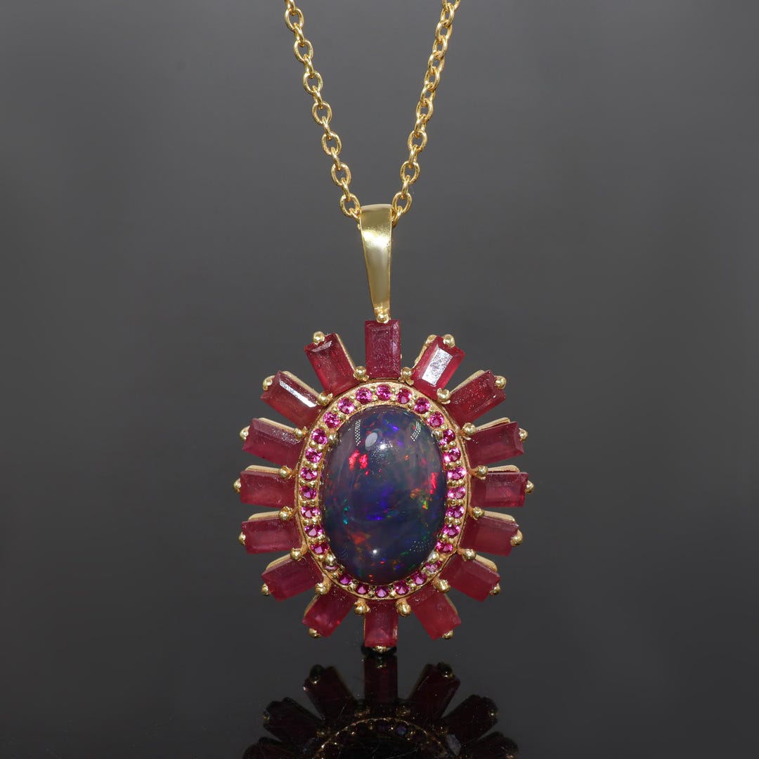 Black Fire Opal and Ruby Gemstone Gold Necklace, Fire Opal Gemstone ...