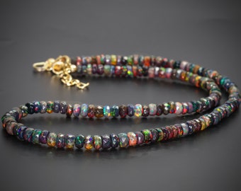 Top Quality Black Ethiopian Opal Necklace, Faceted Natural Black Opal Gold Filled Necklace, Fire Opal Necklace, Faceted Opal Beaded Necklace