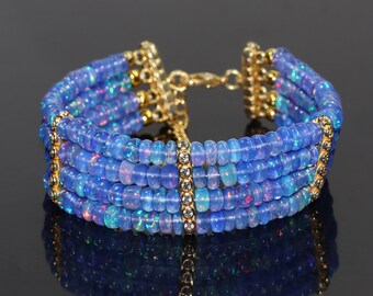 Blue Opal Beaded Bracelet for Women, 4 Line Strand Bracelet, Handmade Opal Jewelry, Sterling Silver Gemstone Bracelet, Anniversary Gift