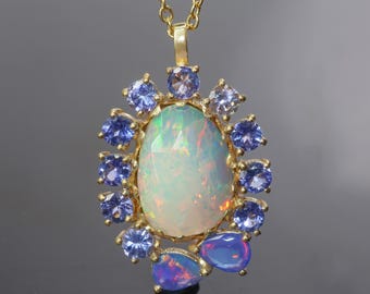 Natural White Opal Gemstone Pendant Necklace, Multifire Lavender Opal and Tanzanite Gemstone Pendant, Opal Handmade Jewelry, Opal Birthstone