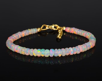 Natural Ethiopian White Opal Beaded Bracelet, Multi Fire White Opal Sterling Silver Bracelet, Rainbow Fire Bracelet, Opal Jewelry