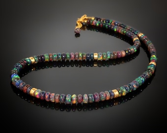 Big Size black fire opal beaded necklace, rondelle smooth opal beads necklace, AAA Ethiopian opal beads Necklace, Gift for her