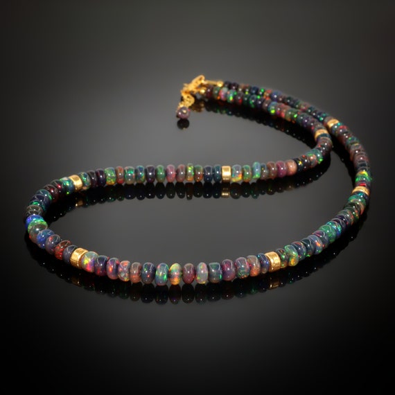 Big Size black fire opal beaded necklace, rondelle smooth opal beads necklace, AAA Ethiopian opal beads Necklace, Gift for her