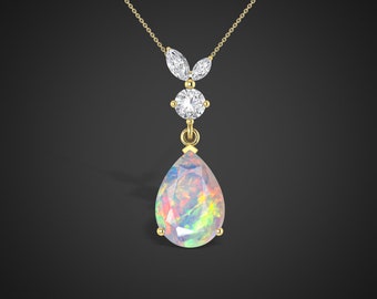 Natürlicher Opal Edelstein Anhänger, Oktober Birthstone Halskette für Frauen, Regenbogen Opal Anhänger Halskette, Birne Opal Anhänger, Opal Gold Schmuck