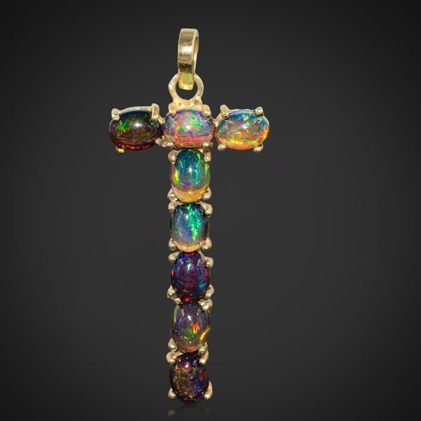 Natural Black fire Ethiopian opal Pendant, Gold Pendant, 8 Stone Opal Pendant, T Shape opal Pendant, AAA Ethiopian opal Pendant