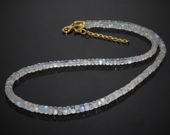 Faceted Moonstone Beaded Necklace, Sterling Silver, Good Fire Gemstone