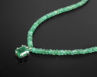 Natural Zambian Cabochon Emerald Beaded Necklaces, Emerald Beaded Necklaces with Cabochon Shape Charm in Prong 925 Sterling Silver - AIM 12