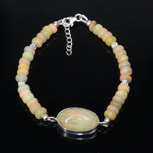AAA Natural Multifire Opal Gemstone Charm Bracelet, Multifire Shaded Opal Beads Silver Bracelet, Opal Handmade Jewelry, Gift for Her