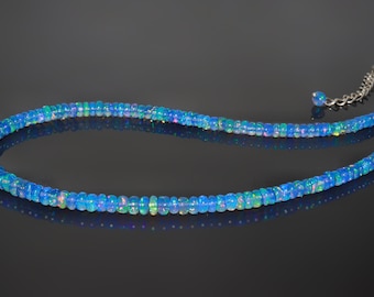 Natural Blue Opal Smooth Beaded Necklace, Top Quality Ethiopian Fire Opal Beaded Necklace, October birthstone Jewelry, October Birthstone