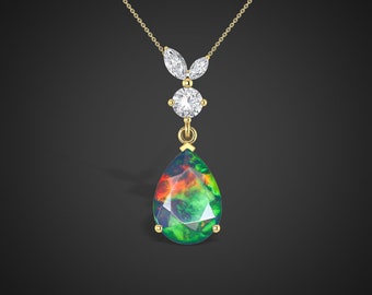 Multi Fire Black Opal Pendant Necklace, Pear Black Opal Pendant Necklace, Opal Gemstone Pendant, October Birthstone, Opal Gemstone Necklace