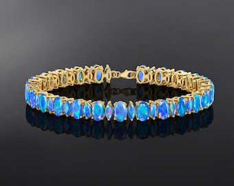 Blue Multifire Opal Oval Gemstone Silver Tennis Bracelet, Fire Opal Gemstone Sterling Silver Bracelet, October Birthstone, Bracelet for Mom