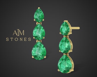 Pear Emerald Earrings, Green Gemstone Stud Earrings, Dainty Emerald Gold Earrings, Stud Earrings for women, 14k yellow gold Earrings, Gift