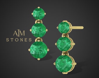 Created Emerald Gemstone Earrings, Round Emerald stud Earrings, 14k Yellow Gold Earring, Faceted Emerald Earrings, Emerald Dangle Earring