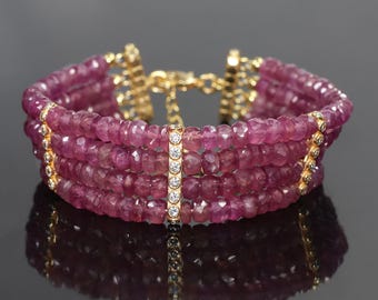 Handmade Ruby Jewelry Bracelet, Gold Beaded Bracelet for Women, 4 Line Strand Bracelet, Minimalist Engagement Gift, Gift for Mom