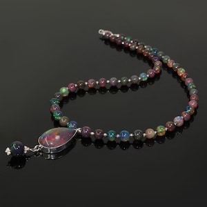 Black Fire Opal Big Size Pear Gemstone Charm Necklace, Genuine Multifire Round Opal Beaded Necklace, Handmade Opal Necklace, Gift for Mom