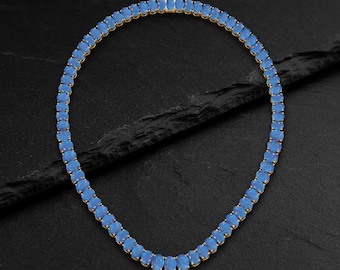 Blue Opal Tennis Necklace, Wedding Necklace, October Birthstone Jewelry, Handmade Gold Gift for Her, Gemstone Necklace, Bridal Necklace