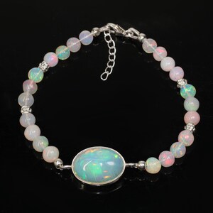 Natural Ethiopian Opal Silver Charm Beaded Bracelet, Multifire Round Opal Beads Silver Charm Bracelet, Opal Handmade Bracelet, Gift for Her