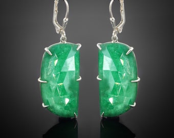 Natural Green Rose Cut Emerald Earring, Unique Dangle Earring, AAA Emerald Earring, 925 Sterling Silver Earring For Women