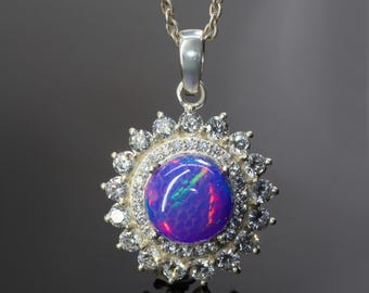 Lavender Multifire Opal Halo Style Pendant Necklace, Ethiopian Opal Gemstone Charm Pendant, Opal Handmade Jewelry, October Birthstone Gift