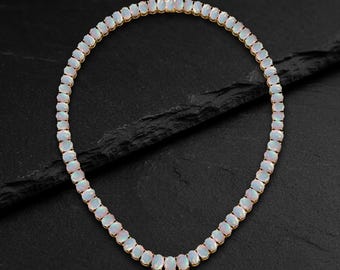 Natural White Opal Tennis Necklace, October Birthstone Jewelry, Handmade Wedding Necklace, Gemstone Gift for Her, Oval Cut Opal Necklace