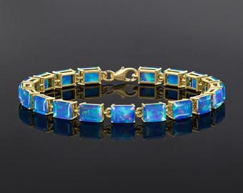 Blue Fire Opal Octagon Gemstone Tennis Bracelet, Genuine Opal Gemstone Sterling Silver Bracelet, October Birthstone, Bracelet for Her