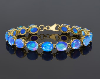 Multifire Blue Opal Gemstone Silver Tennis Bracelet, Natural Opal Gemstone Sterling Silver Bracelet, October Birthstone, Bracelet for Women