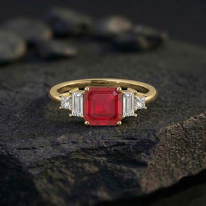Natural Ruby Engagement Ring Gold, Octagon Ruby Ring with Baguette Side Stones, Deep Red Gemstone Ring, July Birthstone Gift
