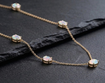 Ethiopian White Opal Station Necklace Gold, Dainty Opal Necklace, October Birthstone Jewelry, Minimalist Layering Necklace Gift for Mom