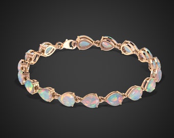 Pulsera de tenis de ópalo blanco natural, pulsera de ópalo arcoíris, pulsera para mujer, regalo de Navidad, joyería de ópalo pera, pulsera de ópalo dorado