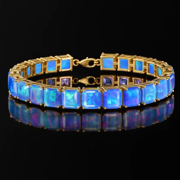 Echtes blaues facettiertes Opal-Tennisarmband im Achteckschliff, Multifire-Opal-Goldarmband für Sie, Oktober Geburtssteinarmband, Opalgeschenk für Sie