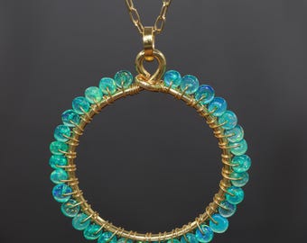 Genuine Green Opal Gemstone Circle Pendant Necklace, Ethiopian Opal Wire Wrapped Bead Pendant, October Birthstone Jewelry, Boho Gift for Her