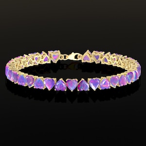 Pulsera de tenis con corazón de ópalo lavanda: joyería romántica bañada en oro, regalo de aniversario con piedras preciosas naturales, joyería con piedras preciosas de nacimiento, regalo para ella.