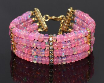 Pink Gold Opal Bracelet, 4 Line Strand Beaded Bracelet, Handmade Jewelry for Women, Minimalist Bridal Jewelry, Mother Gift, Opal Jewelry