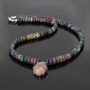 Fire Black Faceted Opal Gemstone Charm Necklace, Multifire Black Opal Beaded Necklace for Women, Opal Birthstone Gift, 925  Silver Jewelry