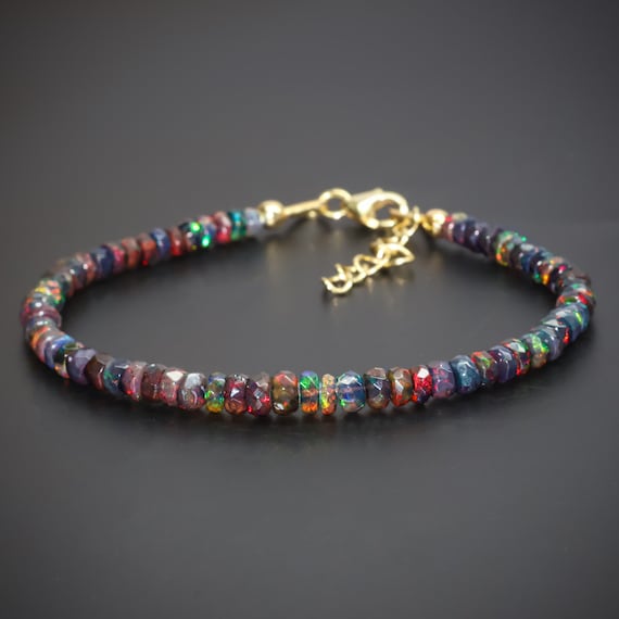 Multi Fire Black Opal Bracelet, Natural Ethopian Black Opal Beaded Bracelet, 925 Sterling Silver Bracelet, Faceted Opal Beads Gold Jewelry